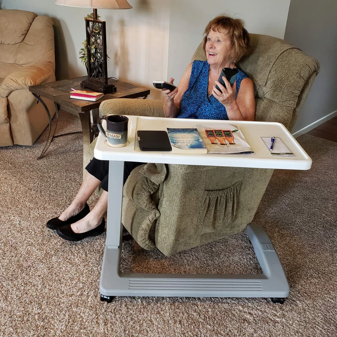 Carex Height Adjustable Rolling Overbed Table with XL Surface - Image 8