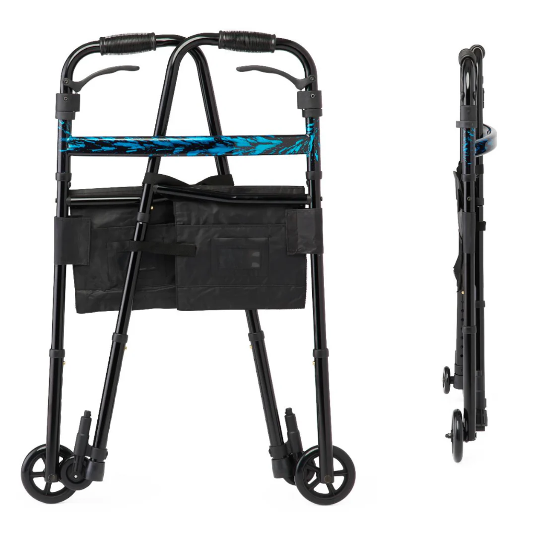 Medline Folding Trigger Walker with 5" Wheels and Side Bags - Image 2