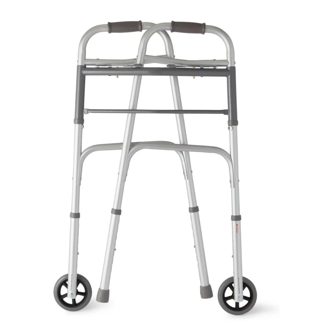 Medline Two-Button Folding Walker with 5" Wheels - Image 2