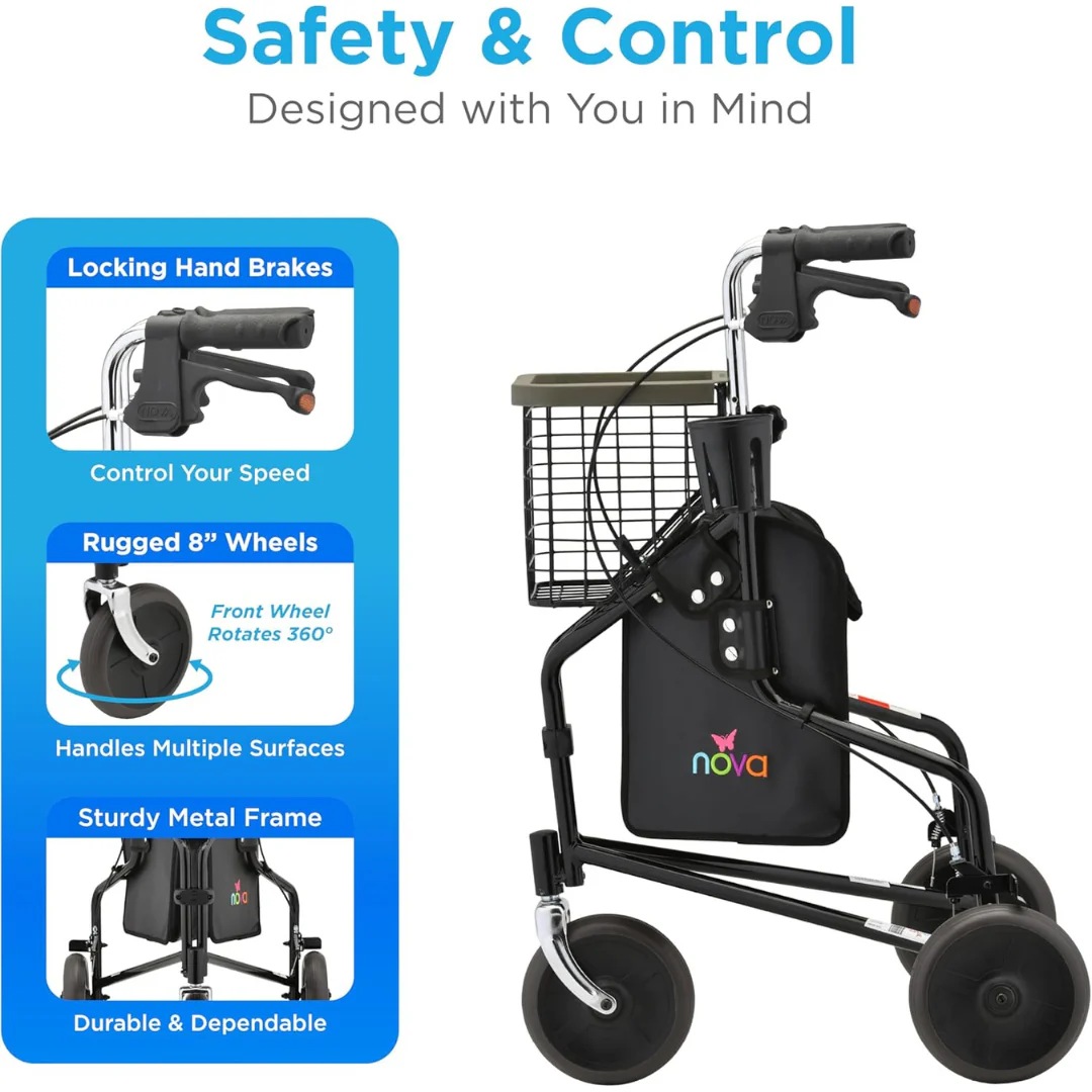 Nova Medical 4900 Traveler 3 Wheel Rollator Walker - All Terrain 8” Wheels - Image 3