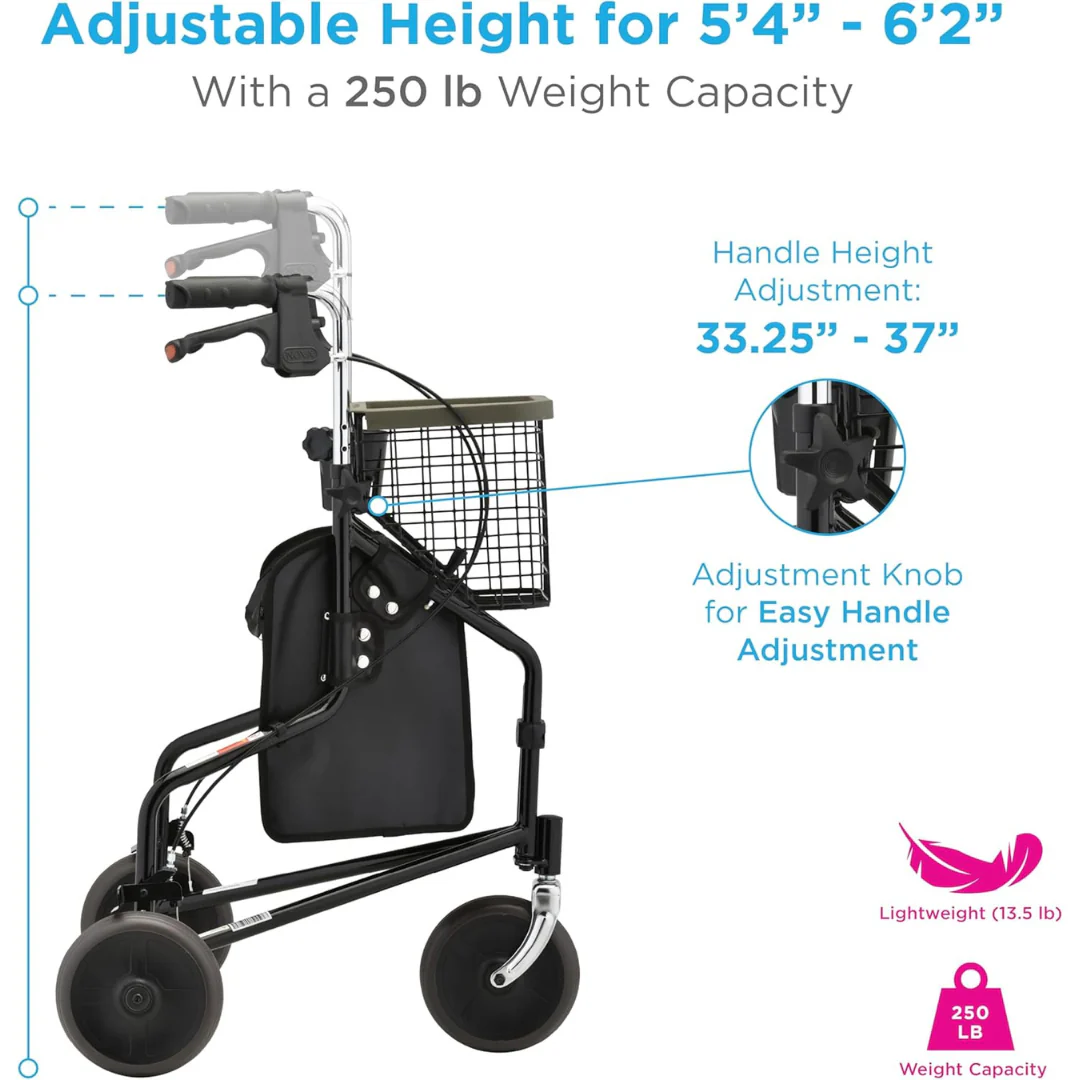 Nova Medical 4900 Traveler 3 Wheel Rollator Walker - All Terrain 8” Wheels - Image 5